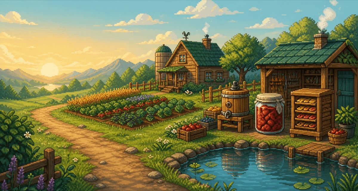 Original pixel-art farm scene with crops, a Keg, a Preserves Jar, and a Dehydrator